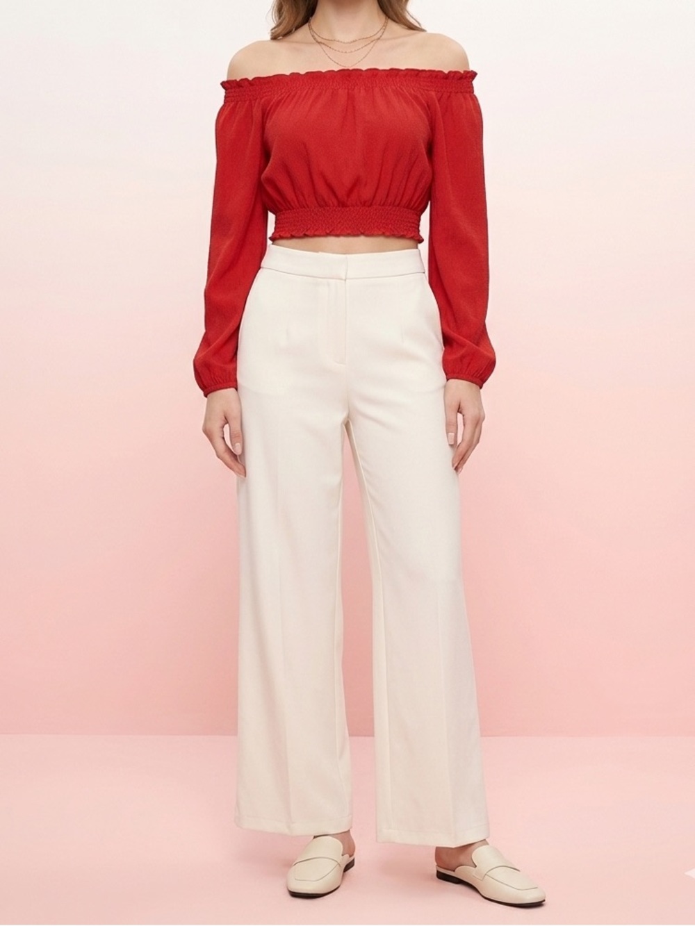 H&M Red Off The Shoulder Long Sleeve Crop Top Size Extra Small